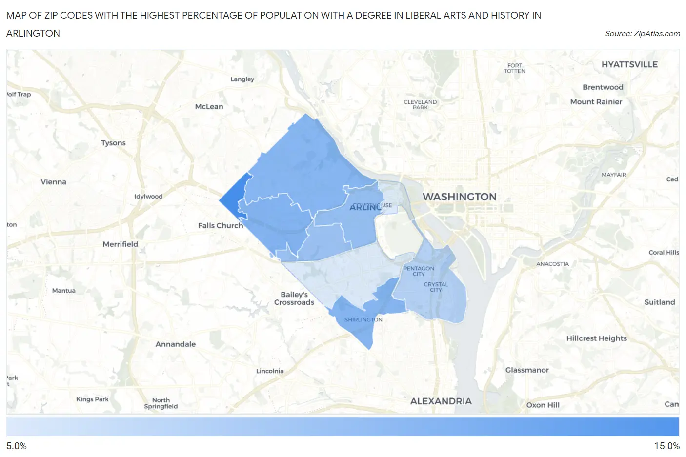 Zip Codes with the Highest Percentage of Population with a Degree in Liberal Arts and History in Arlington Map