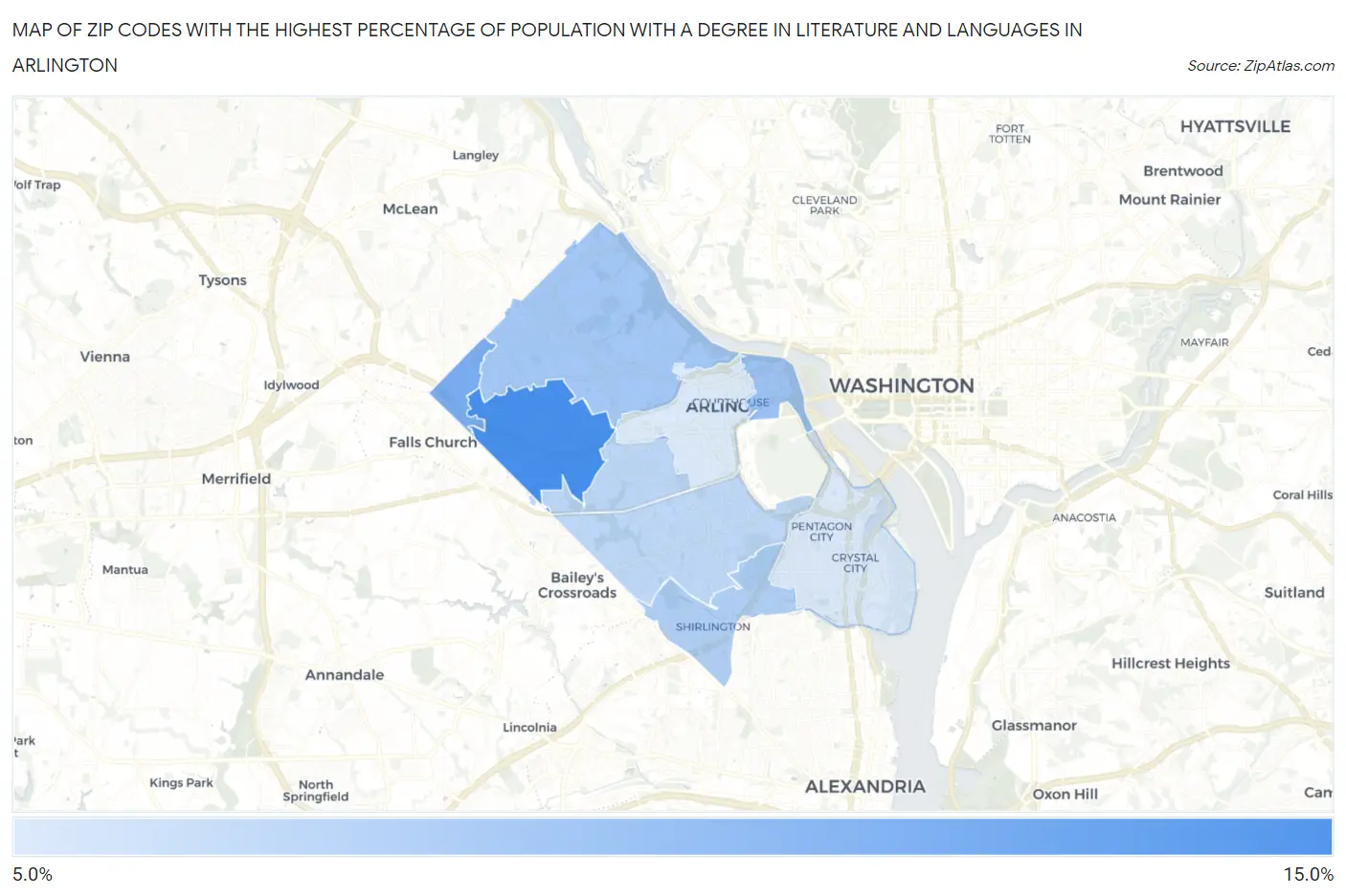 Zip Codes with the Highest Percentage of Population with a Degree in Literature and Languages in Arlington Map