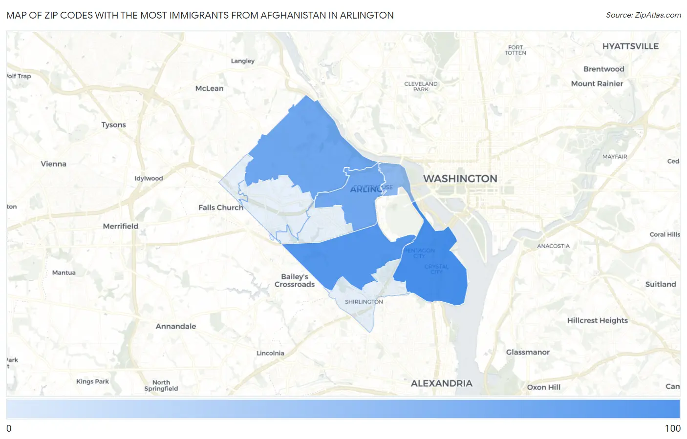Zip Codes with the Most Immigrants from Afghanistan in Arlington Map