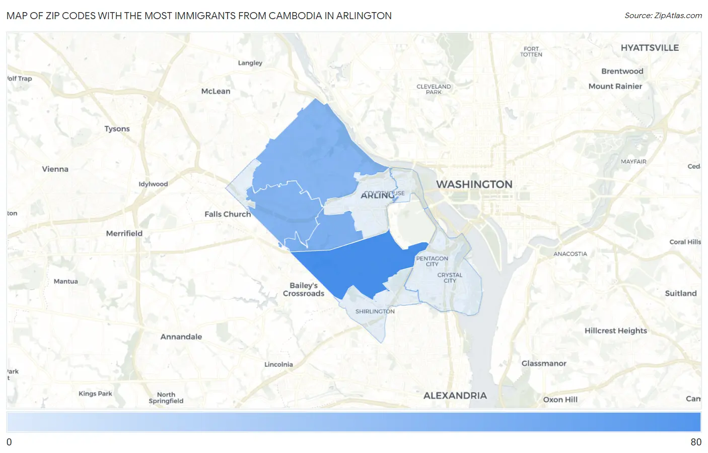 Zip Codes with the Most Immigrants from Cambodia in Arlington Map