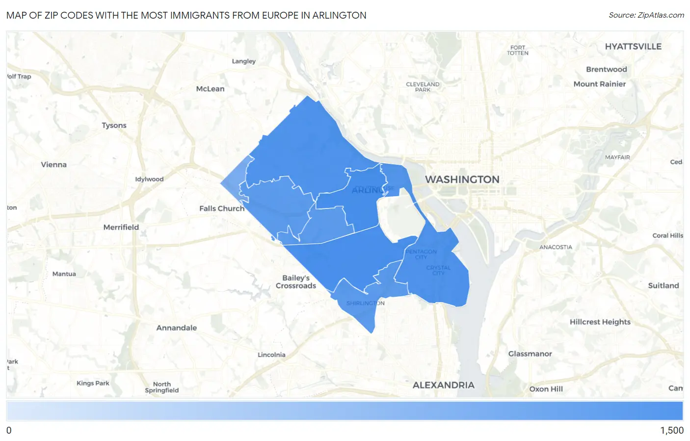 Zip Codes with the Most Immigrants from Europe in Arlington Map