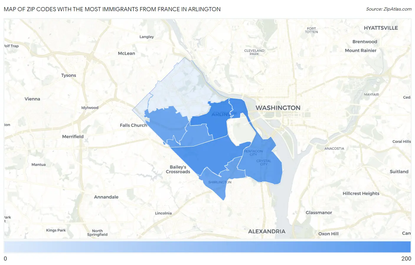 Zip Codes with the Most Immigrants from France in Arlington Map