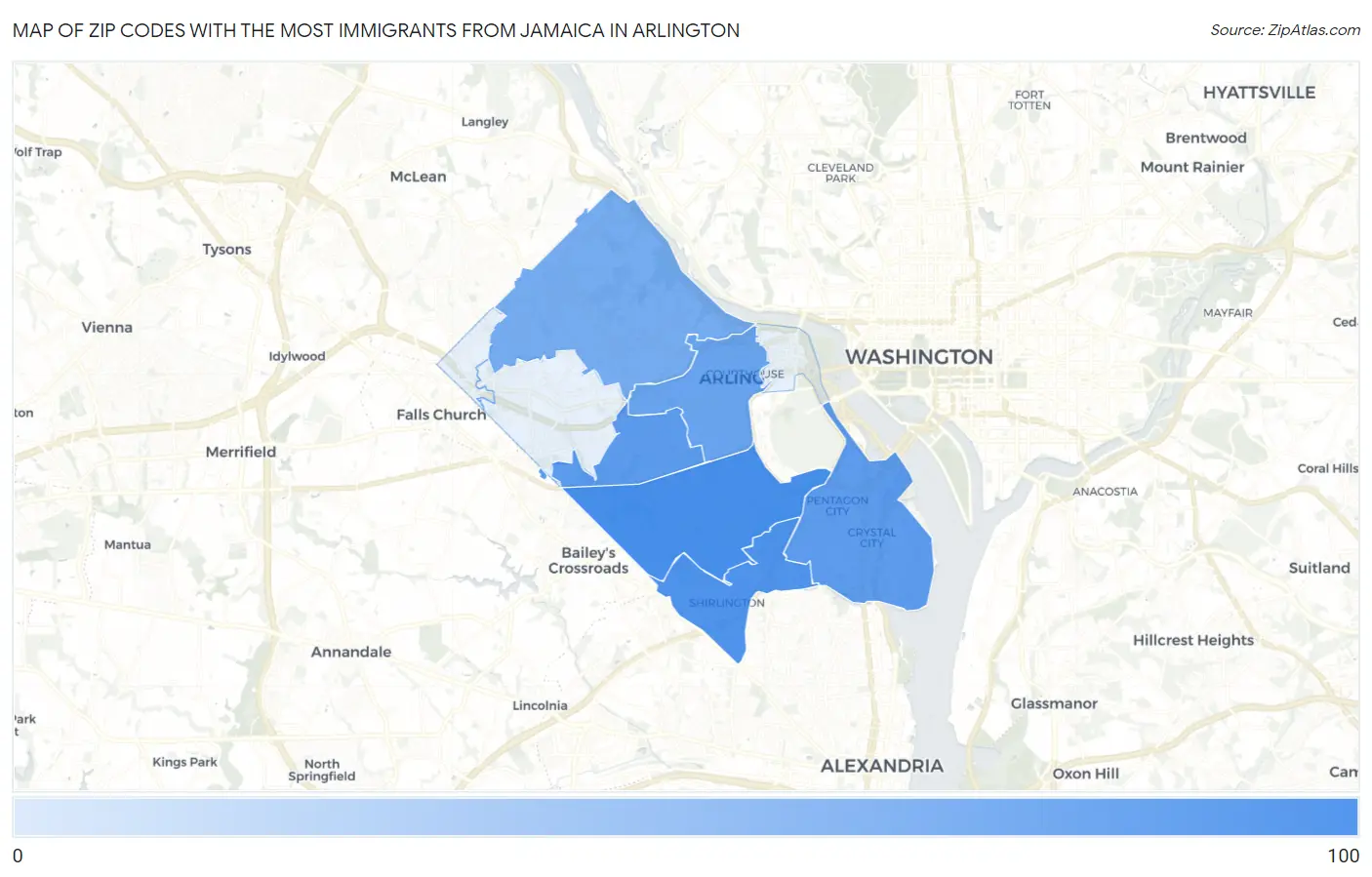 Zip Codes with the Most Immigrants from Jamaica in Arlington Map