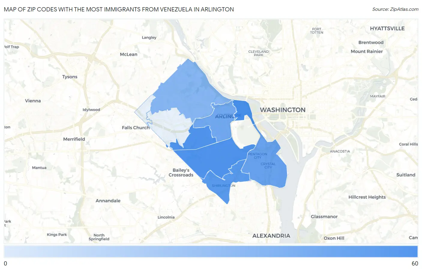 Zip Codes with the Most Immigrants from Venezuela in Arlington Map