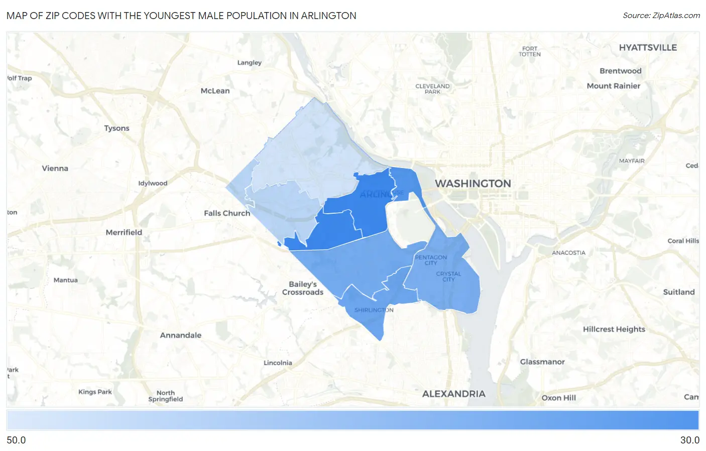 Zip Codes with the Youngest Male Population in Arlington Map