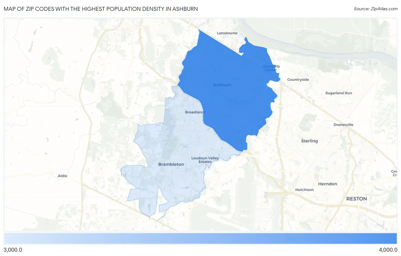 Zip Codes with the Highest Population Density in Ashburn Map