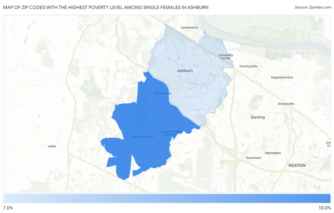 Zip Codes with the Highest Poverty Level Among Single Females in Ashburn Map