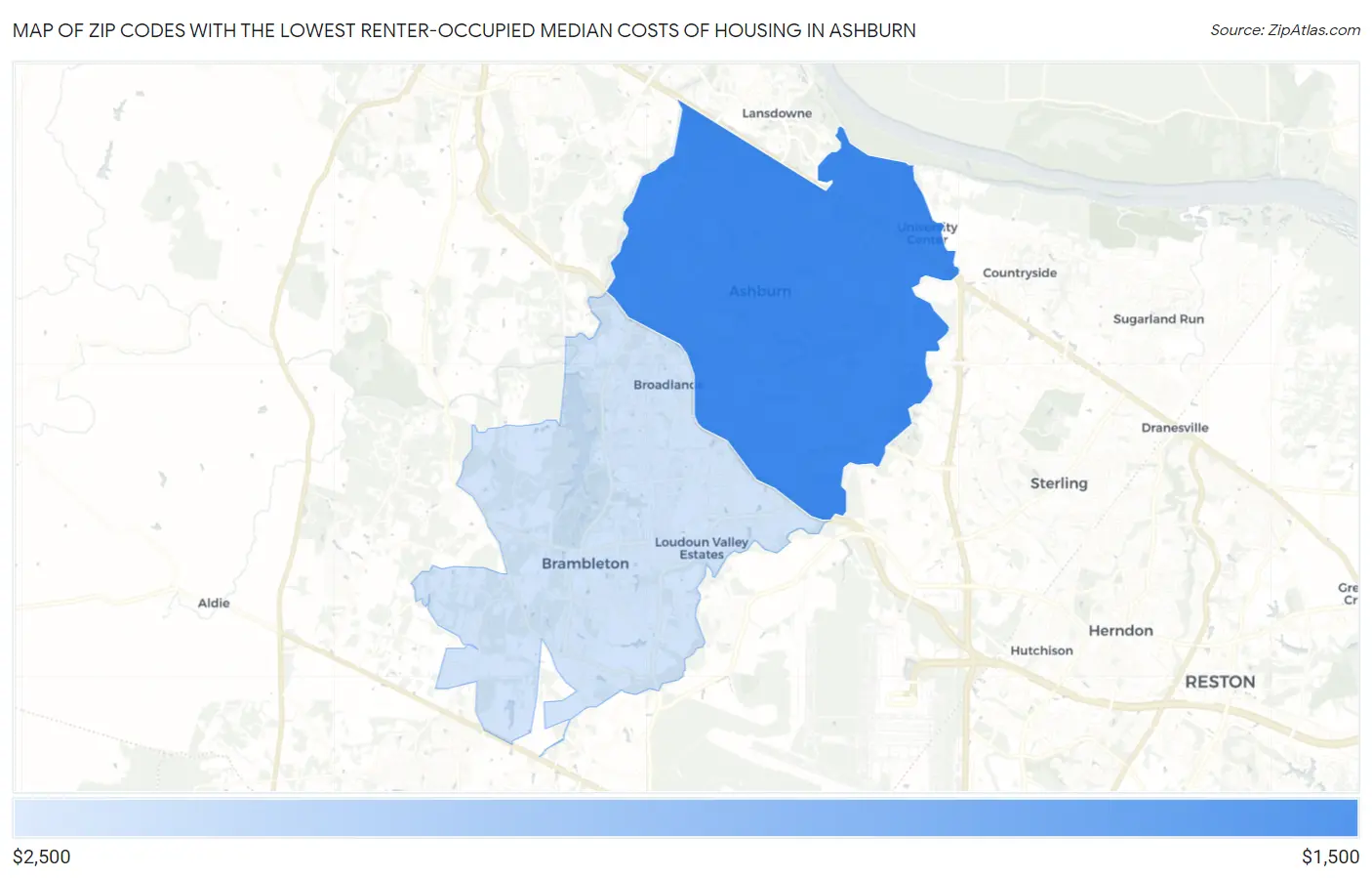 Zip Codes with the Lowest Renter-Occupied Median Costs of Housing in Ashburn Map