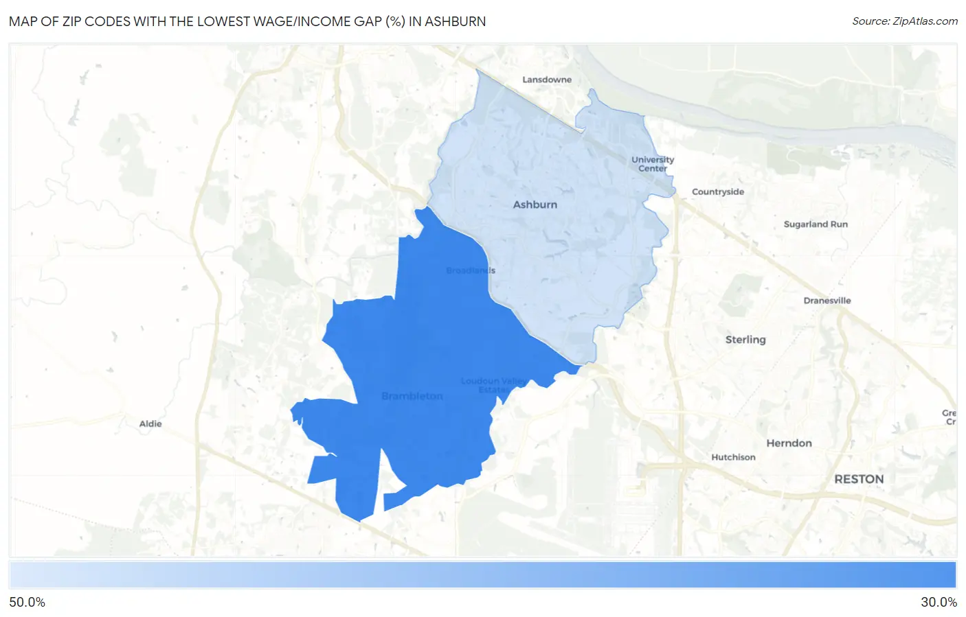 Zip Codes with the Lowest Wage/Income Gap (%) in Ashburn Map