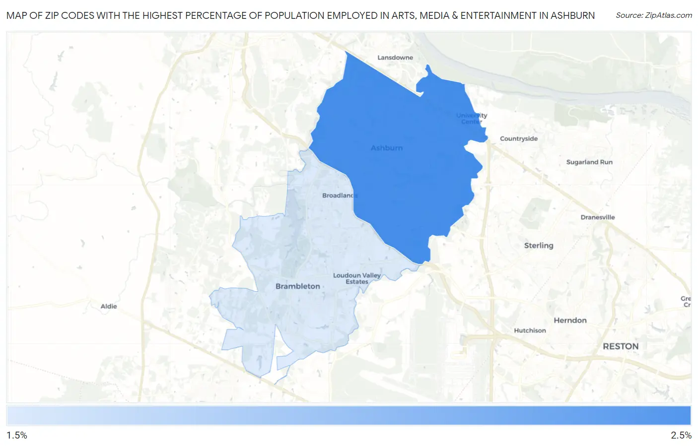Zip Codes with the Highest Percentage of Population Employed in Arts, Media & Entertainment in Ashburn Map