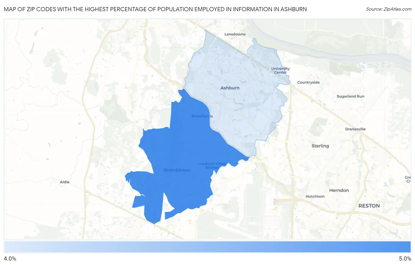 Zip Codes with the Highest Percentage of Population Employed in Information in Ashburn Map