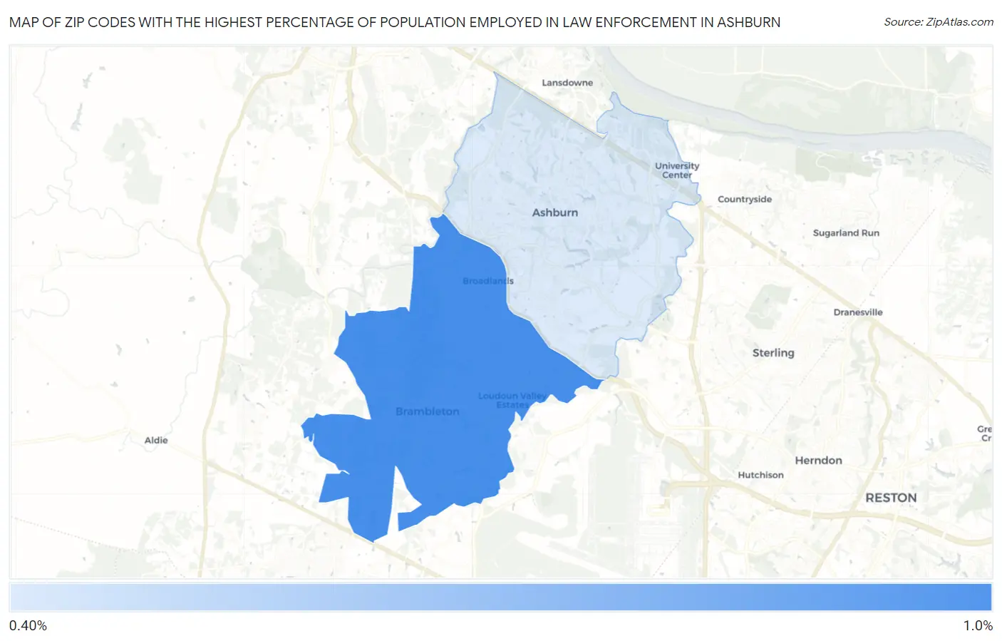 Zip Codes with the Highest Percentage of Population Employed in Law Enforcement in Ashburn Map