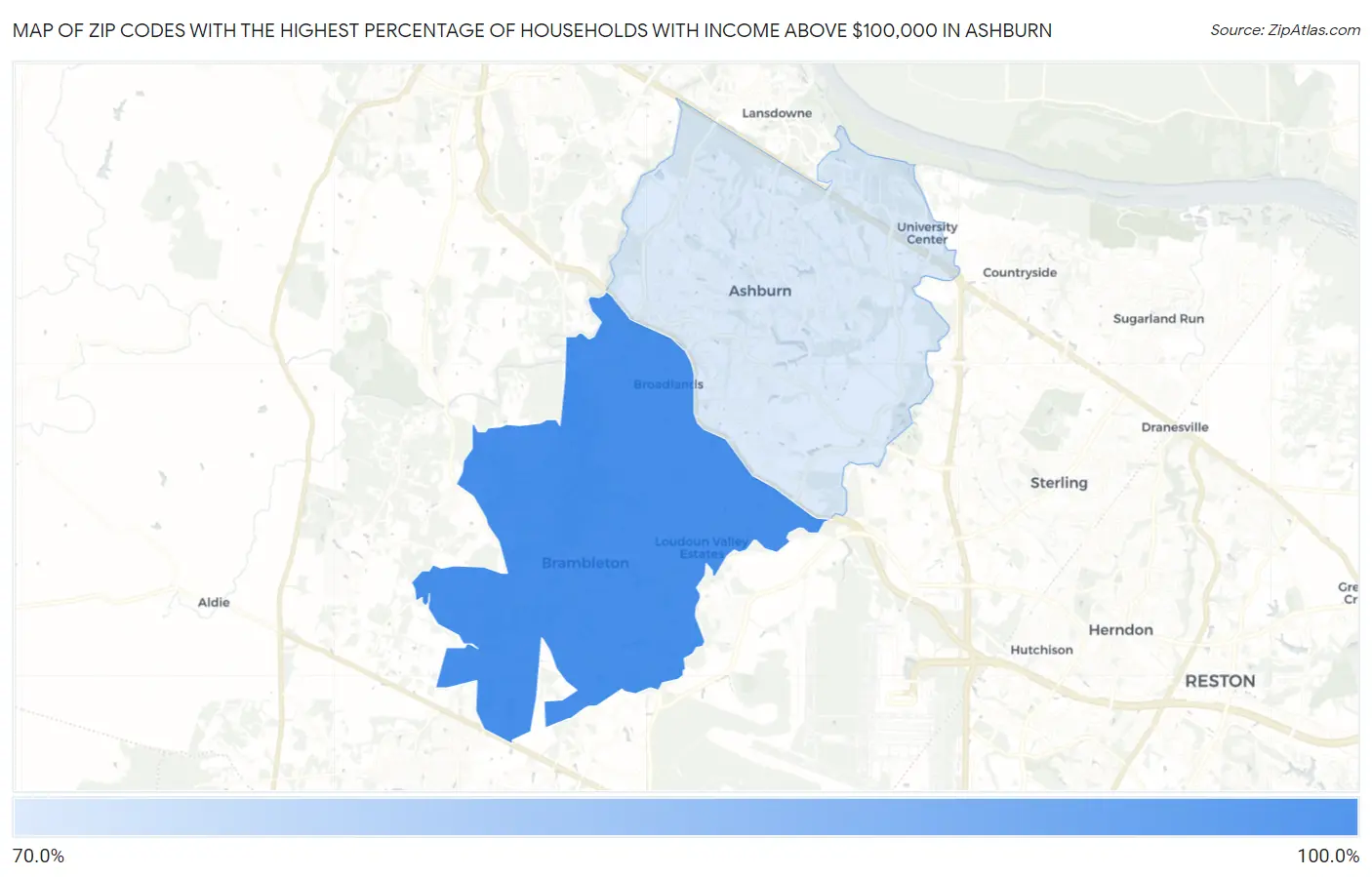 Zip Codes with the Highest Percentage of Households with Income Above $100,000 in Ashburn Map