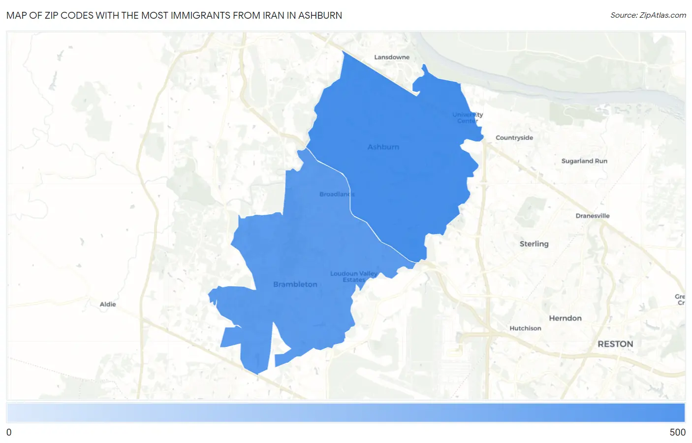Zip Codes with the Most Immigrants from Iran in Ashburn Map
