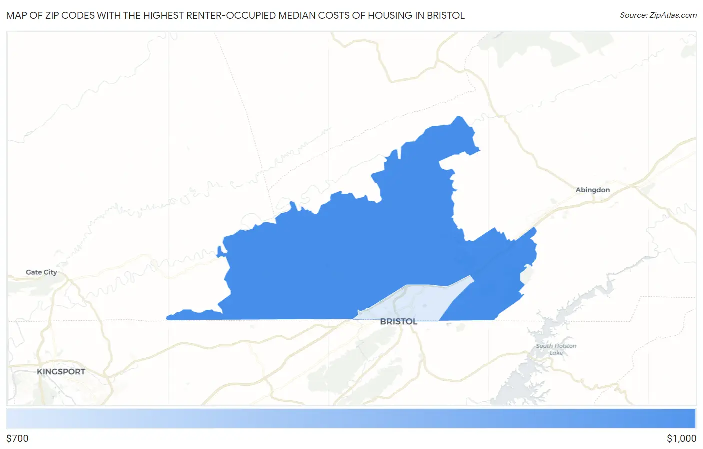 Zip Codes with the Highest Renter-Occupied Median Costs of Housing in Bristol Map