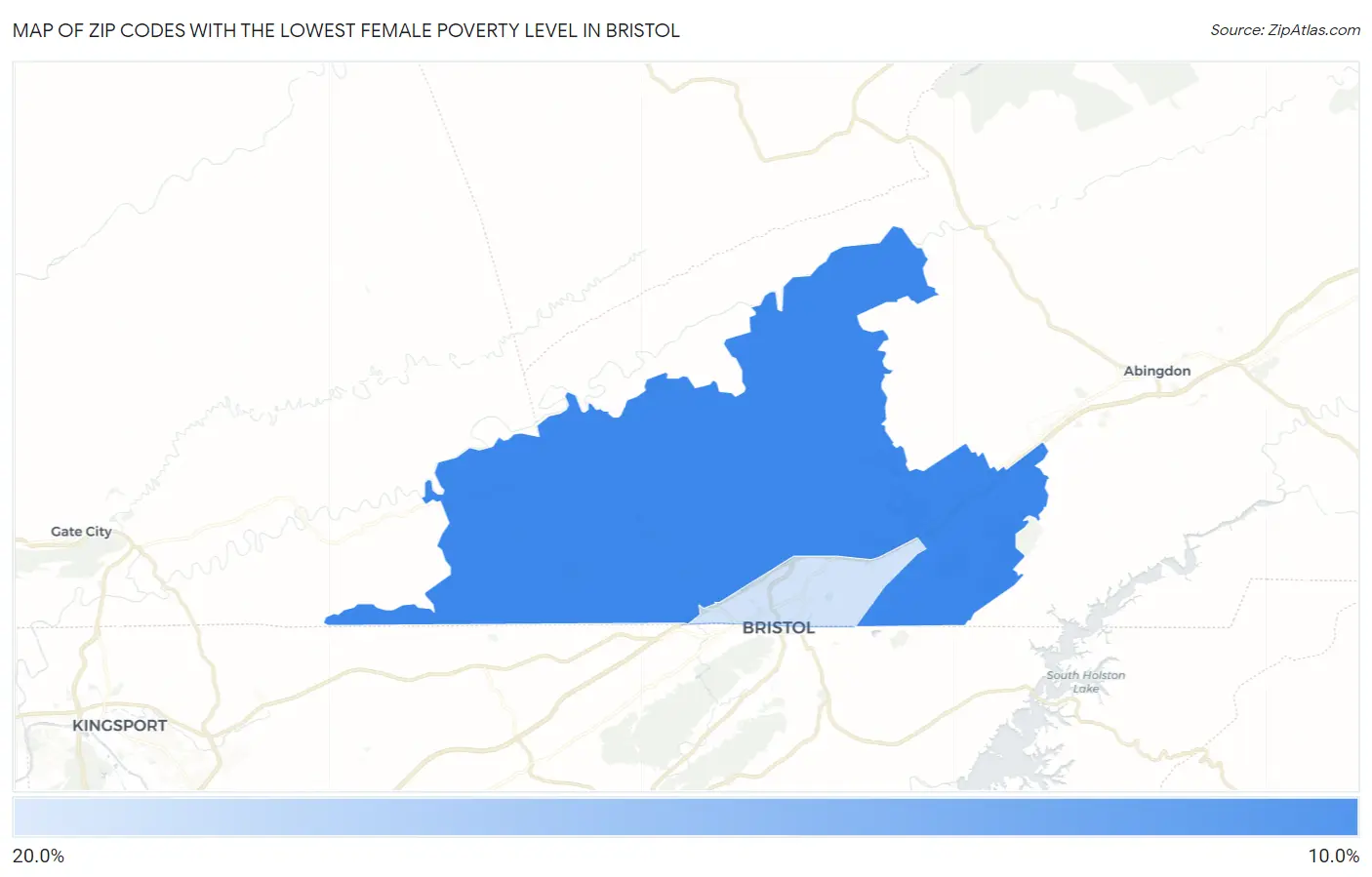 Zip Codes with the Lowest Female Poverty Level in Bristol Map