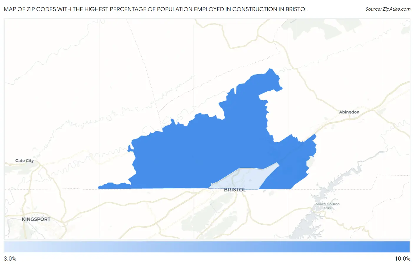 Zip Codes with the Highest Percentage of Population Employed in Construction in Bristol Map