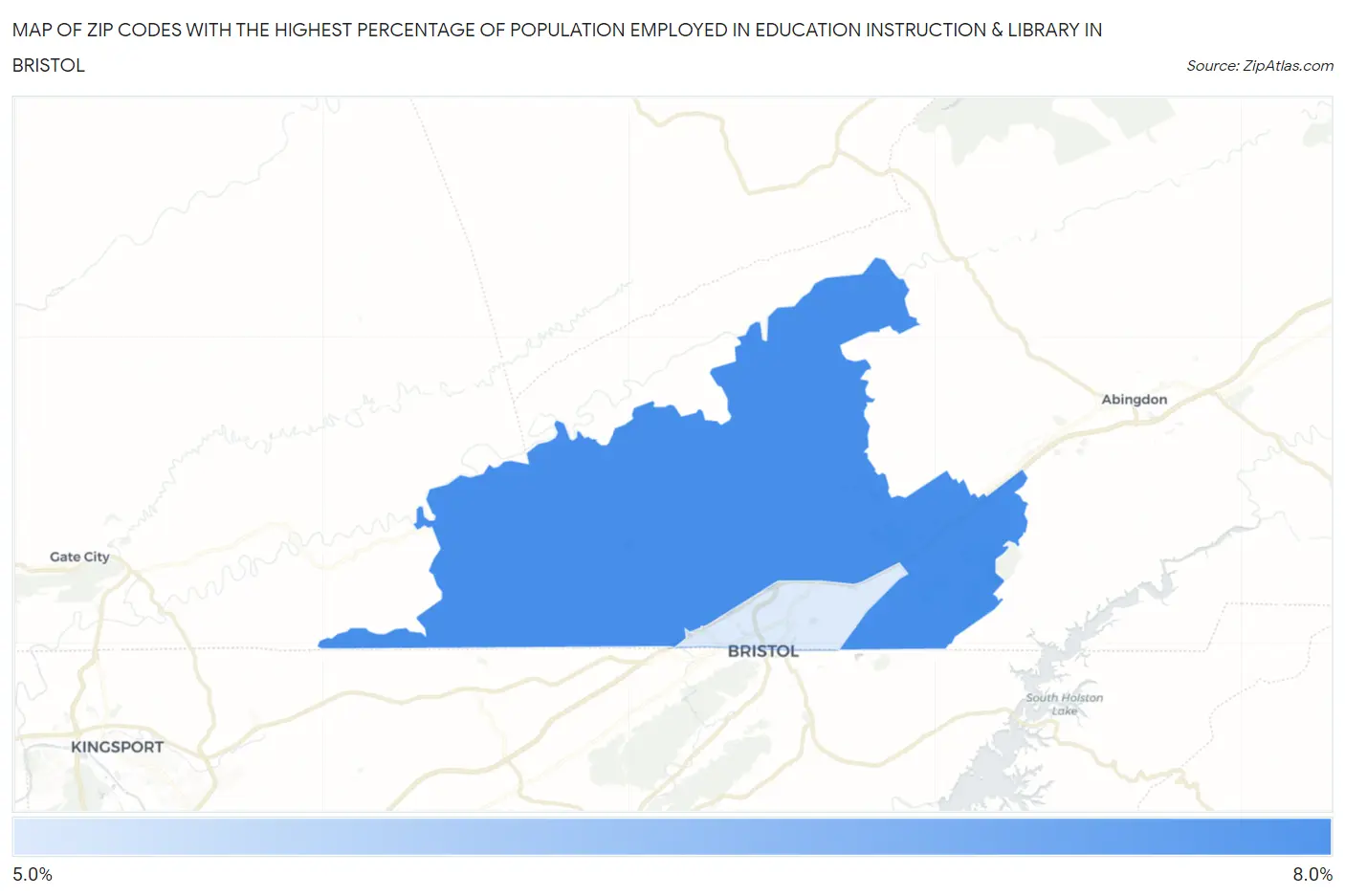 Zip Codes with the Highest Percentage of Population Employed in Education Instruction & Library in Bristol Map