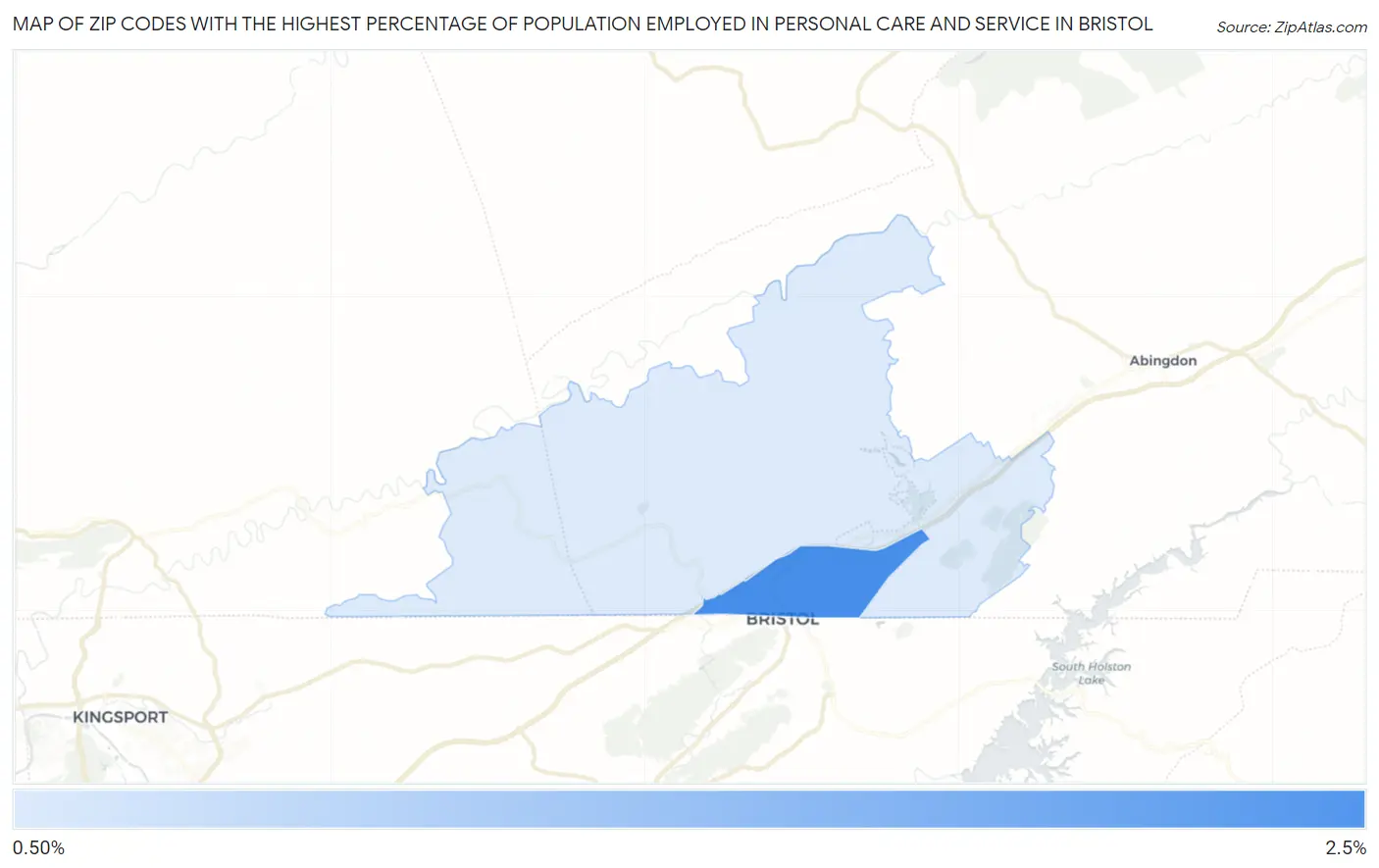 Zip Codes with the Highest Percentage of Population Employed in Personal Care and Service in Bristol Map