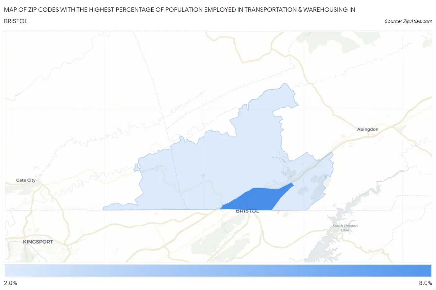 Zip Codes with the Highest Percentage of Population Employed in Transportation & Warehousing in Bristol Map