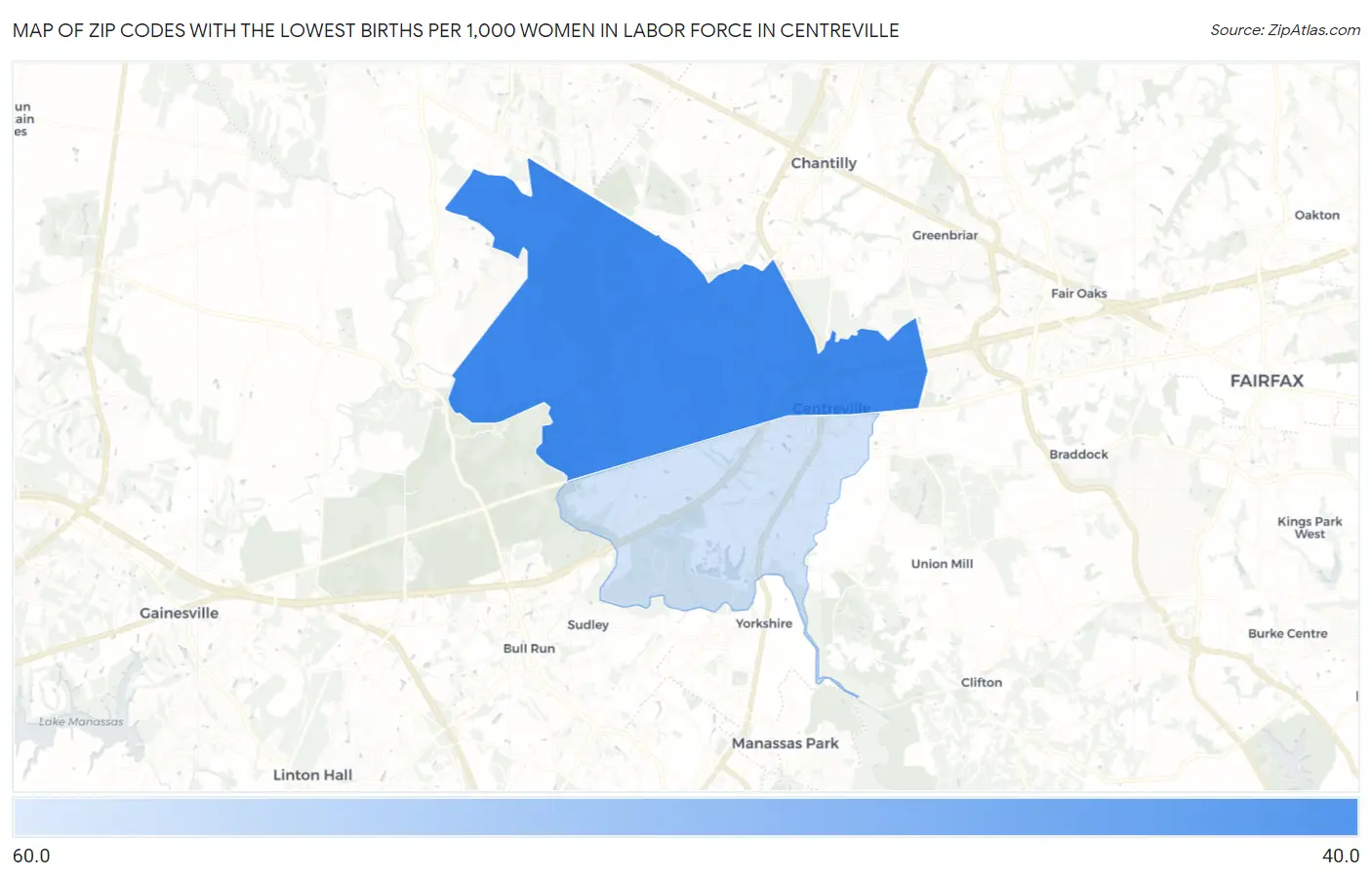 Zip Codes with the Lowest Births per 1,000 Women in Labor Force in Centreville Map