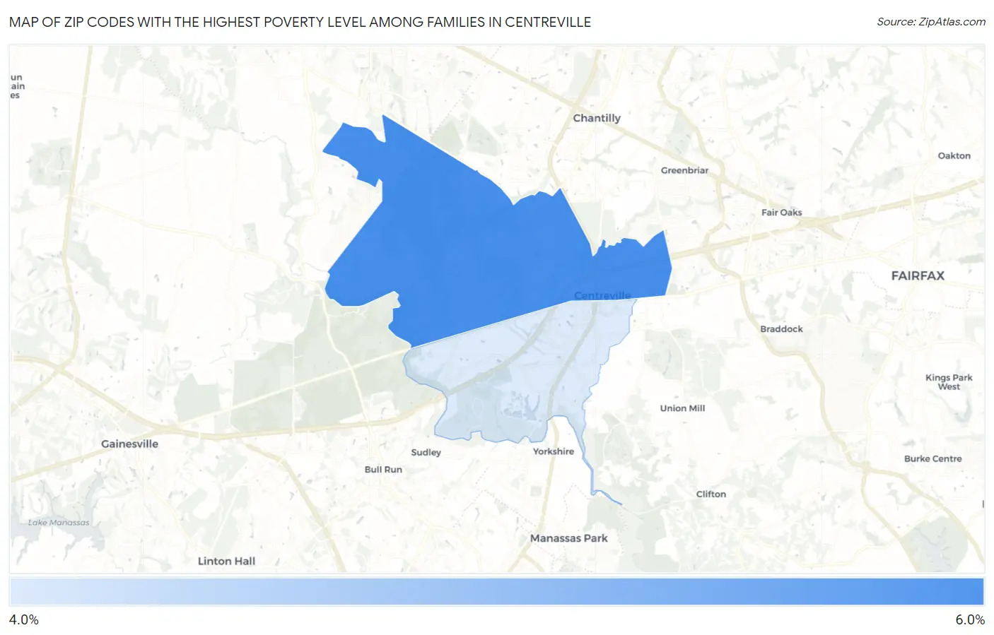 Zip Codes with the Highest Poverty Level Among Families in Centreville Map
