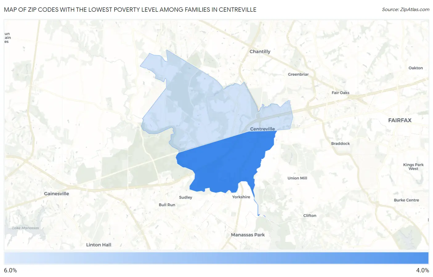 Zip Codes with the Lowest Poverty Level Among Families in Centreville Map