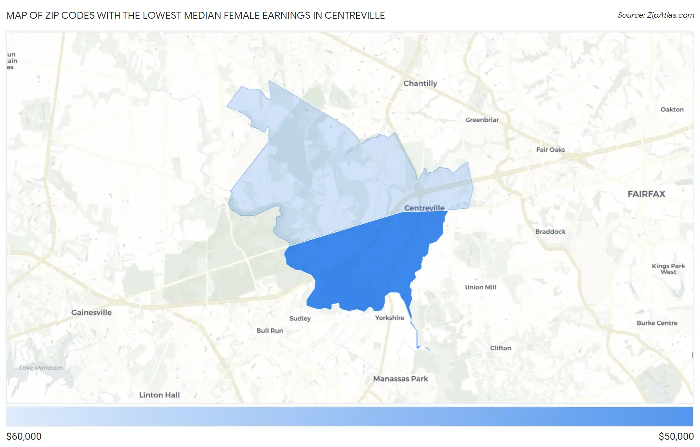Zip Codes with the Lowest Median Female Earnings in Centreville Map