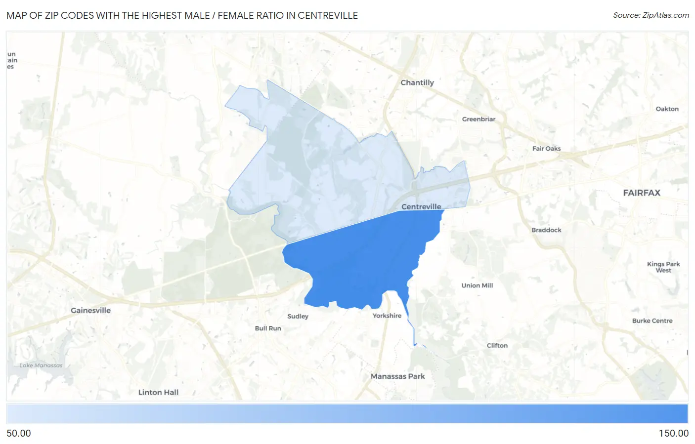 Zip Codes with the Highest Male / Female Ratio in Centreville Map
