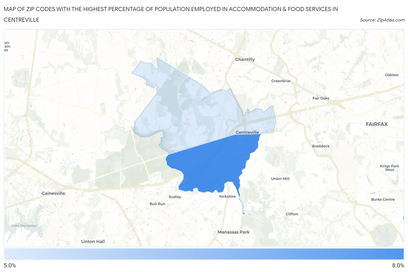 Zip Codes with the Highest Percentage of Population Employed in Accommodation & Food Services in Centreville Map
