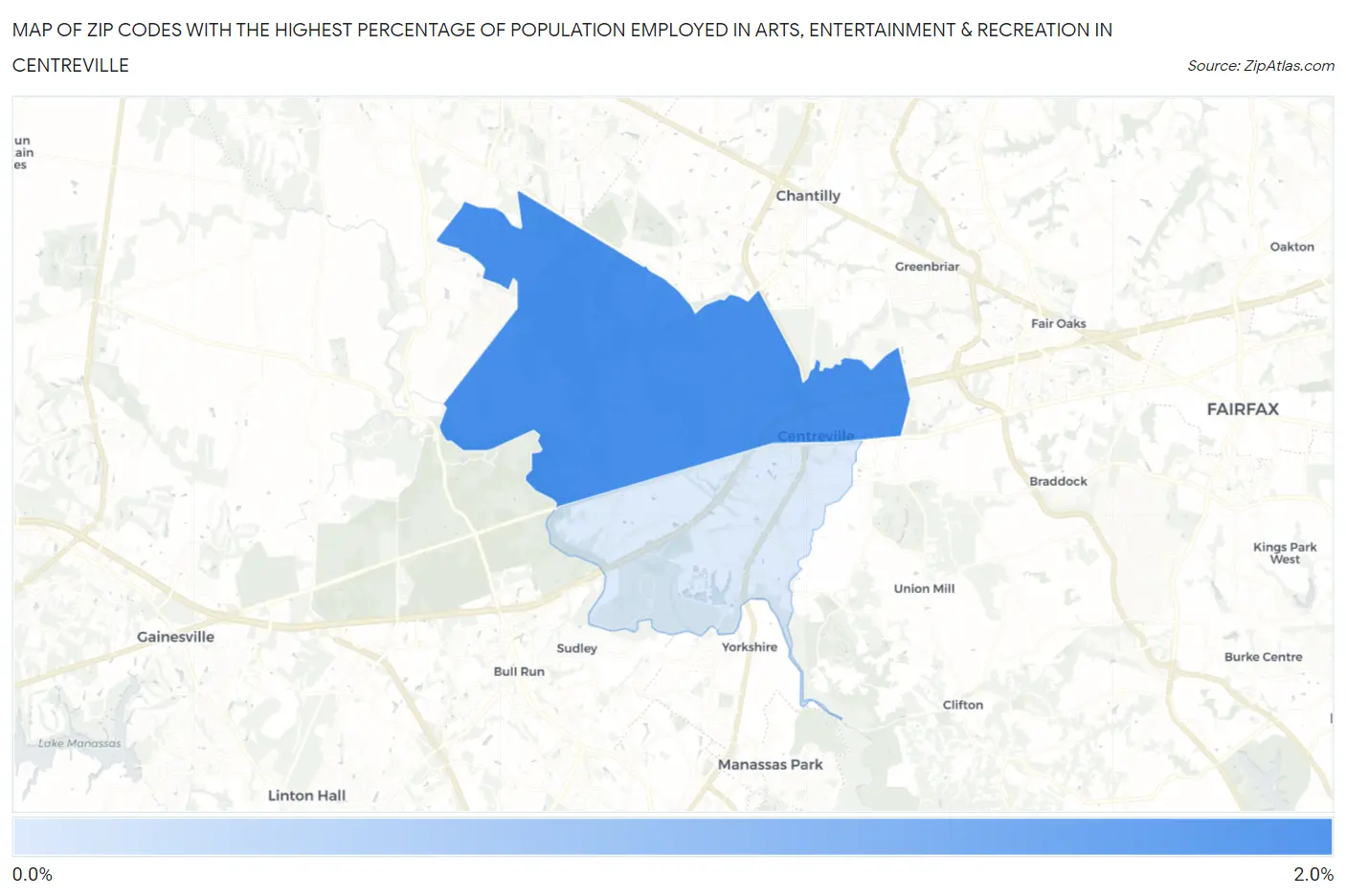 Zip Codes with the Highest Percentage of Population Employed in Arts, Entertainment & Recreation in Centreville Map