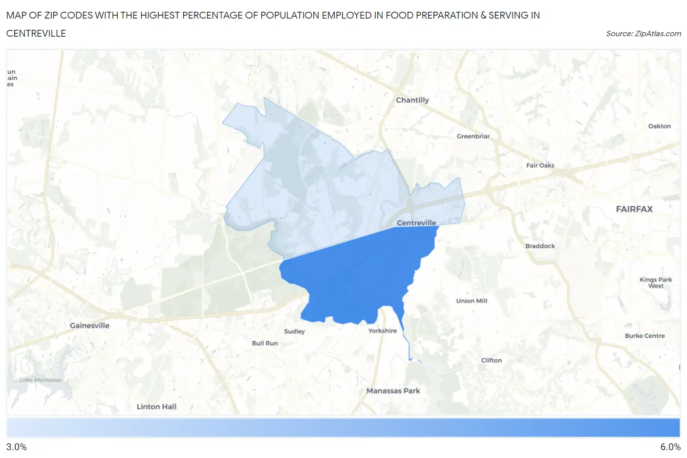 Zip Codes with the Highest Percentage of Population Employed in Food Preparation & Serving in Centreville Map