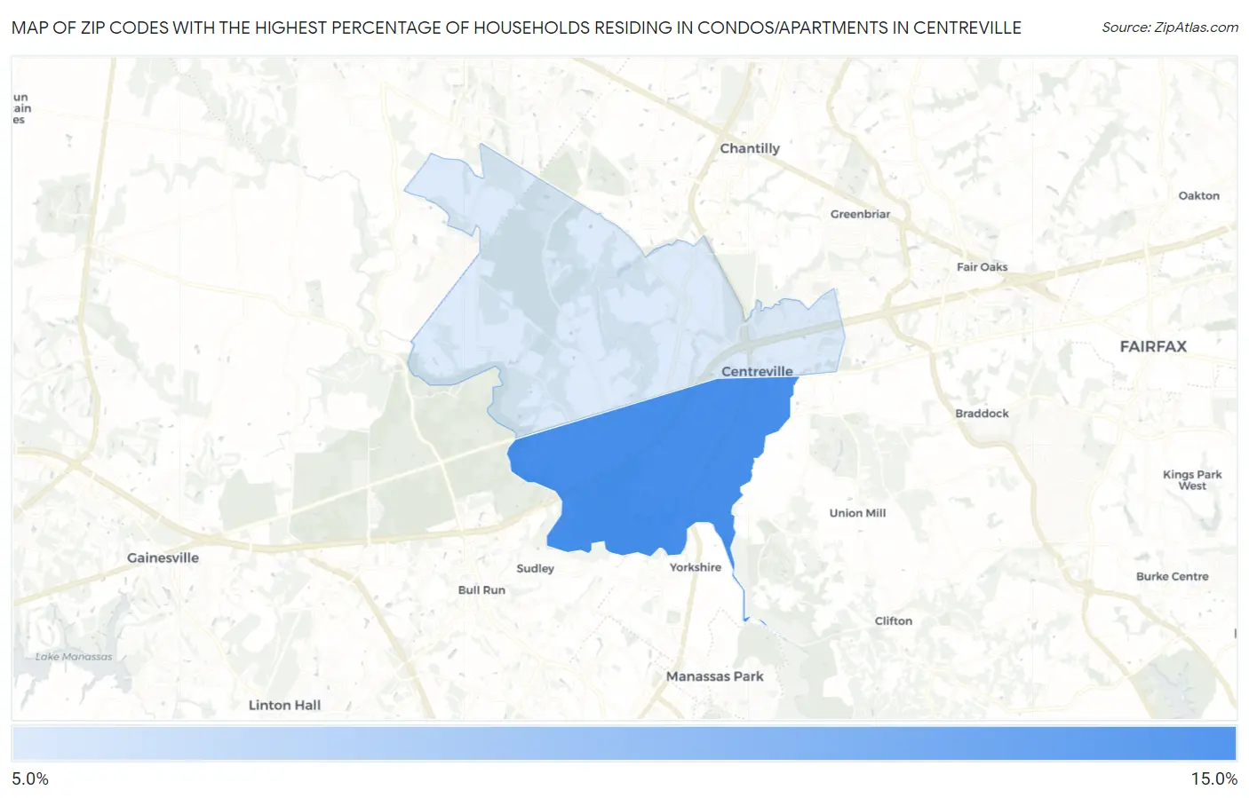 Zip Codes with the Highest Percentage of Households Residing in Condos/Apartments in Centreville Map