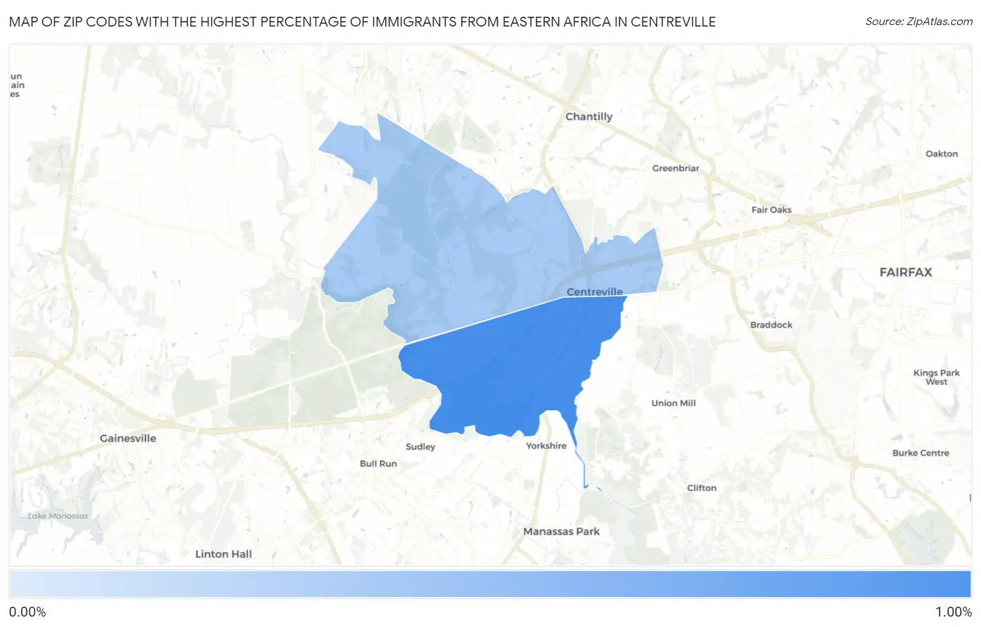 Zip Codes with the Highest Percentage of Immigrants from Eastern Africa in Centreville Map