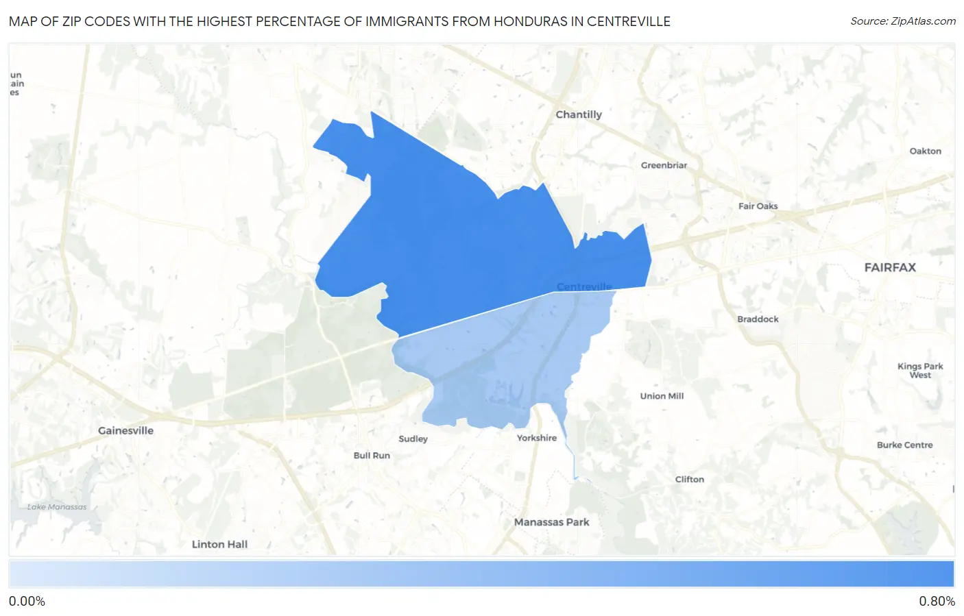 Zip Codes with the Highest Percentage of Immigrants from Honduras in Centreville Map