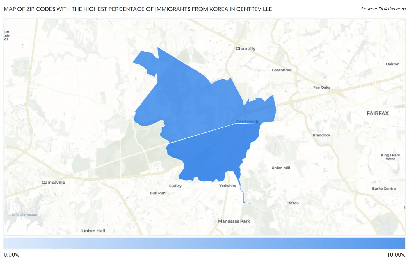 Zip Codes with the Highest Percentage of Immigrants from Korea in Centreville Map