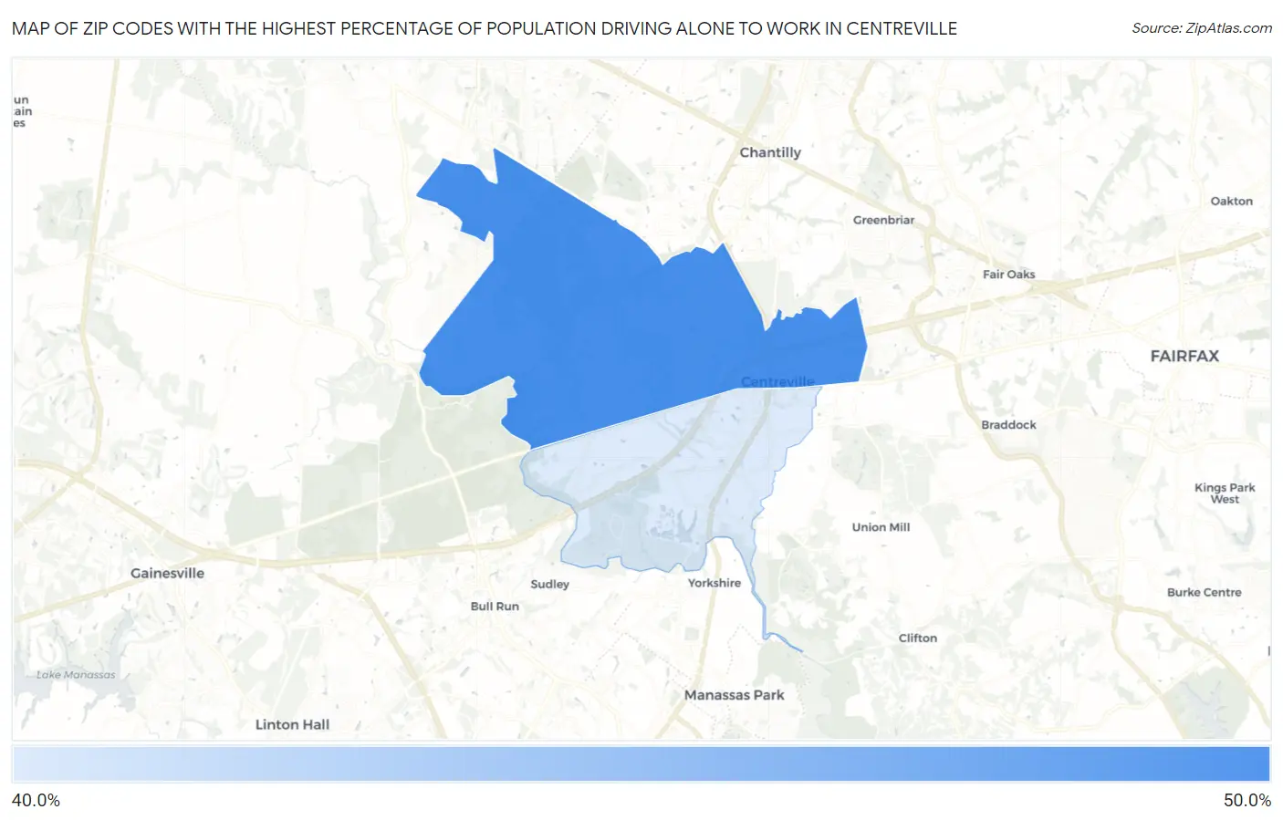 Zip Codes with the Highest Percentage of Population Driving Alone to Work in Centreville Map