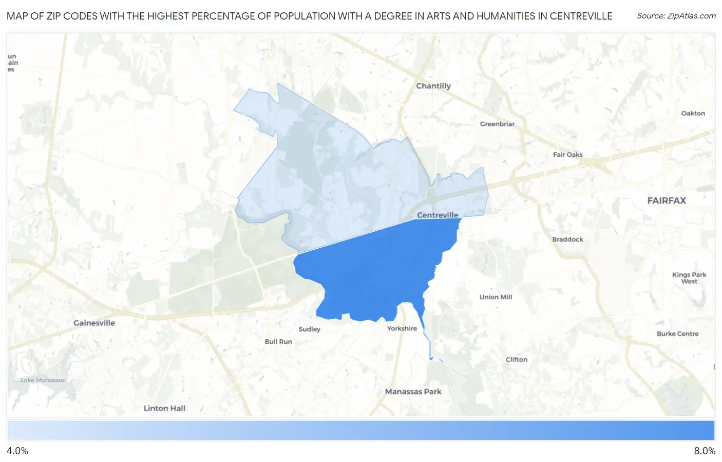 Zip Codes with the Highest Percentage of Population with a Degree in Arts and Humanities in Centreville Map