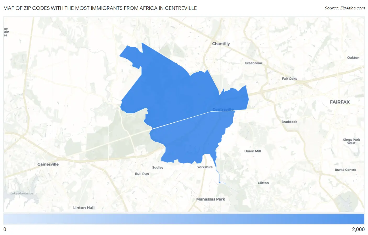 Zip Codes with the Most Immigrants from Africa in Centreville Map