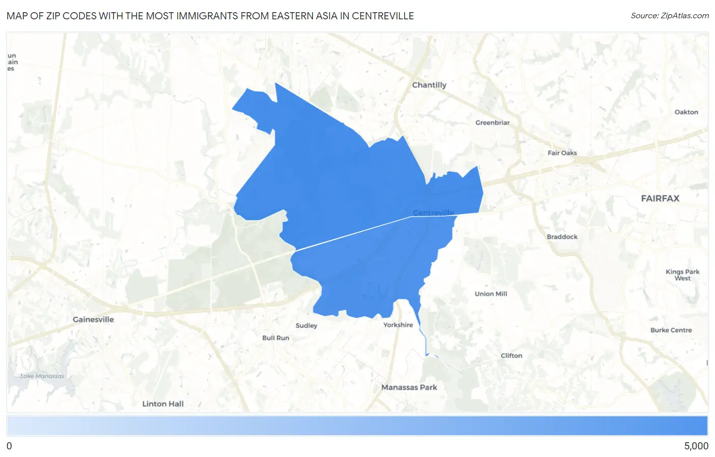 Zip Codes with the Most Immigrants from Eastern Asia in Centreville Map