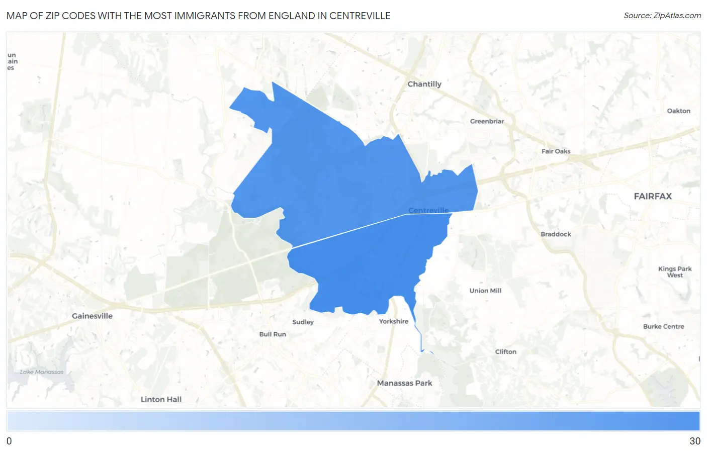 Zip Codes with the Most Immigrants from England in Centreville Map