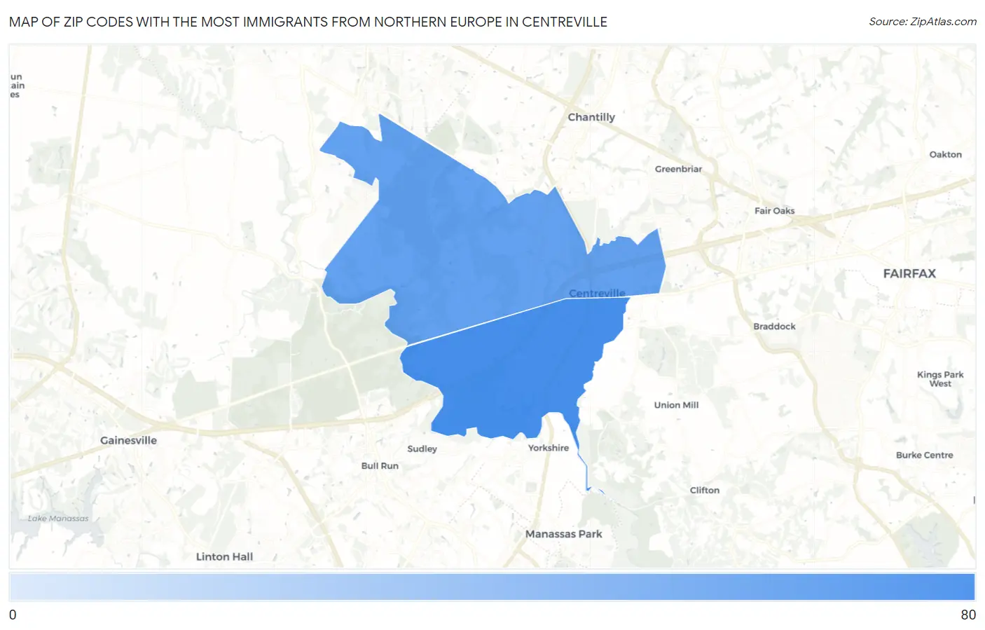 Zip Codes with the Most Immigrants from Northern Europe in Centreville Map