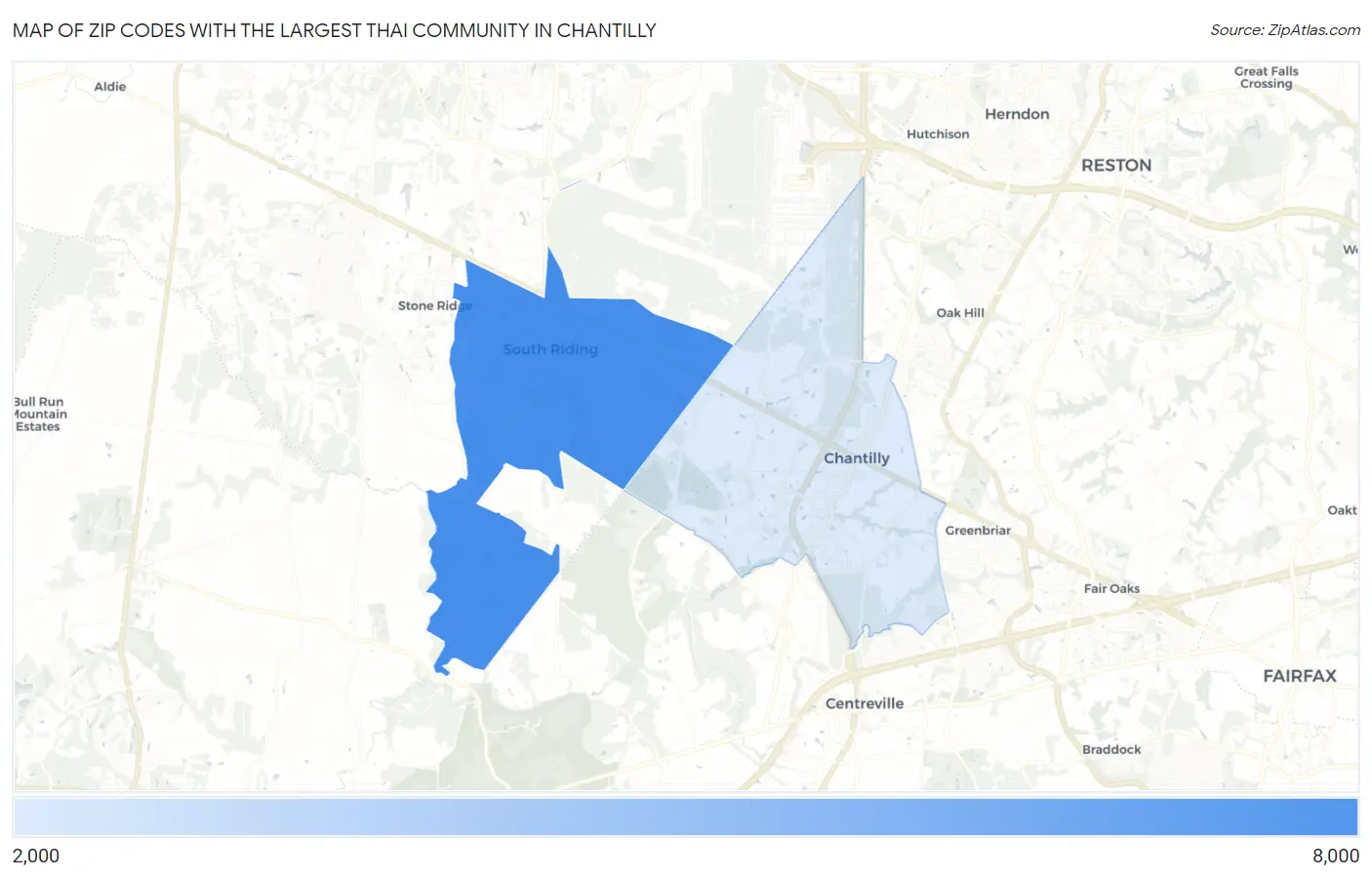 Zip Codes with the Largest Thai Community in Chantilly Map
