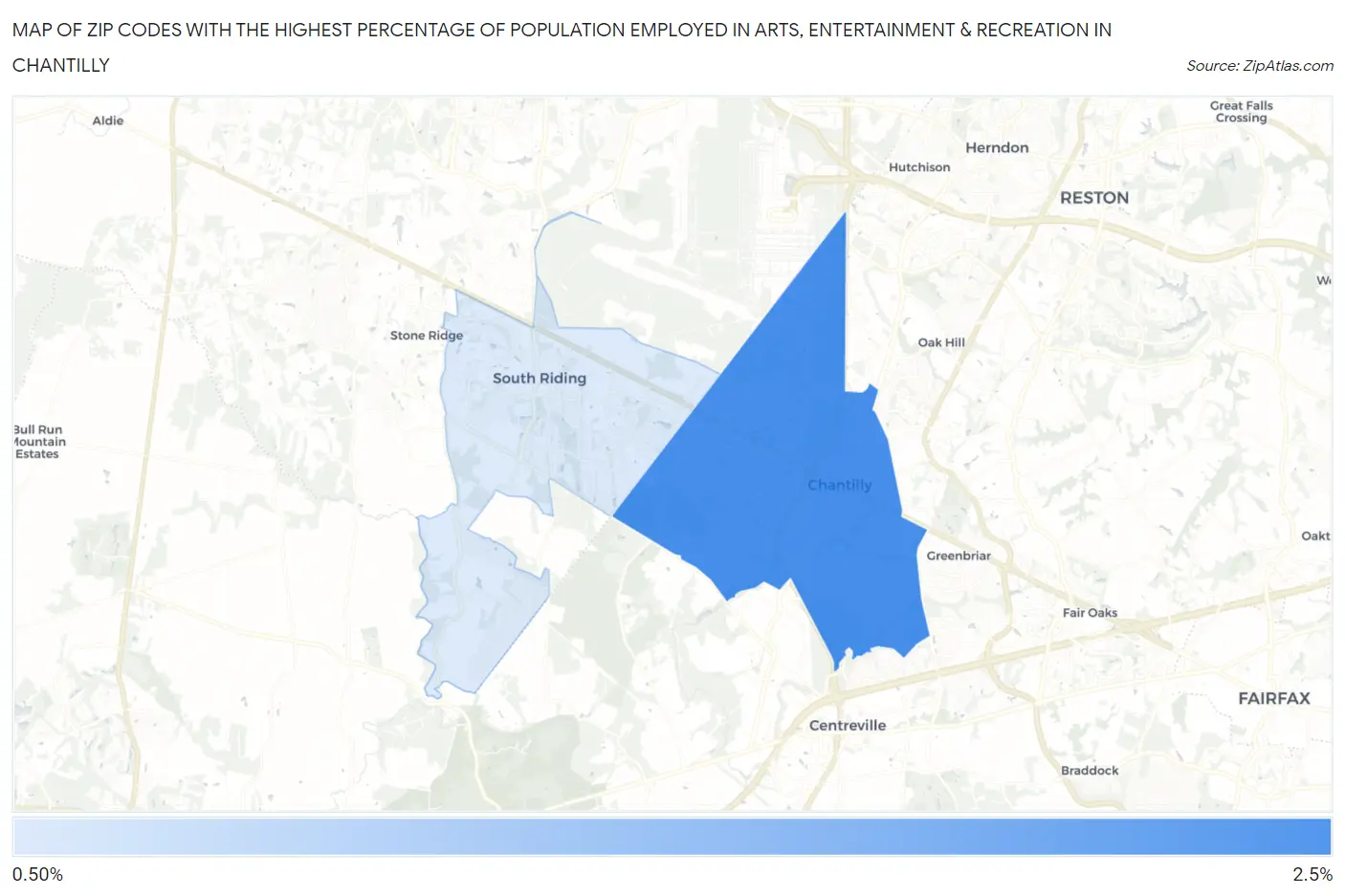 Zip Codes with the Highest Percentage of Population Employed in Arts, Entertainment & Recreation in Chantilly Map
