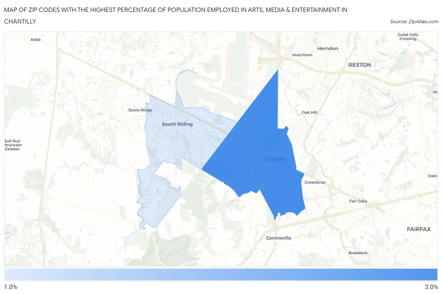 Zip Codes with the Highest Percentage of Population Employed in Arts, Media & Entertainment in Chantilly Map