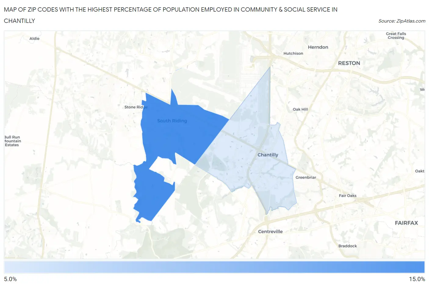 Zip Codes with the Highest Percentage of Population Employed in Community & Social Service  in Chantilly Map