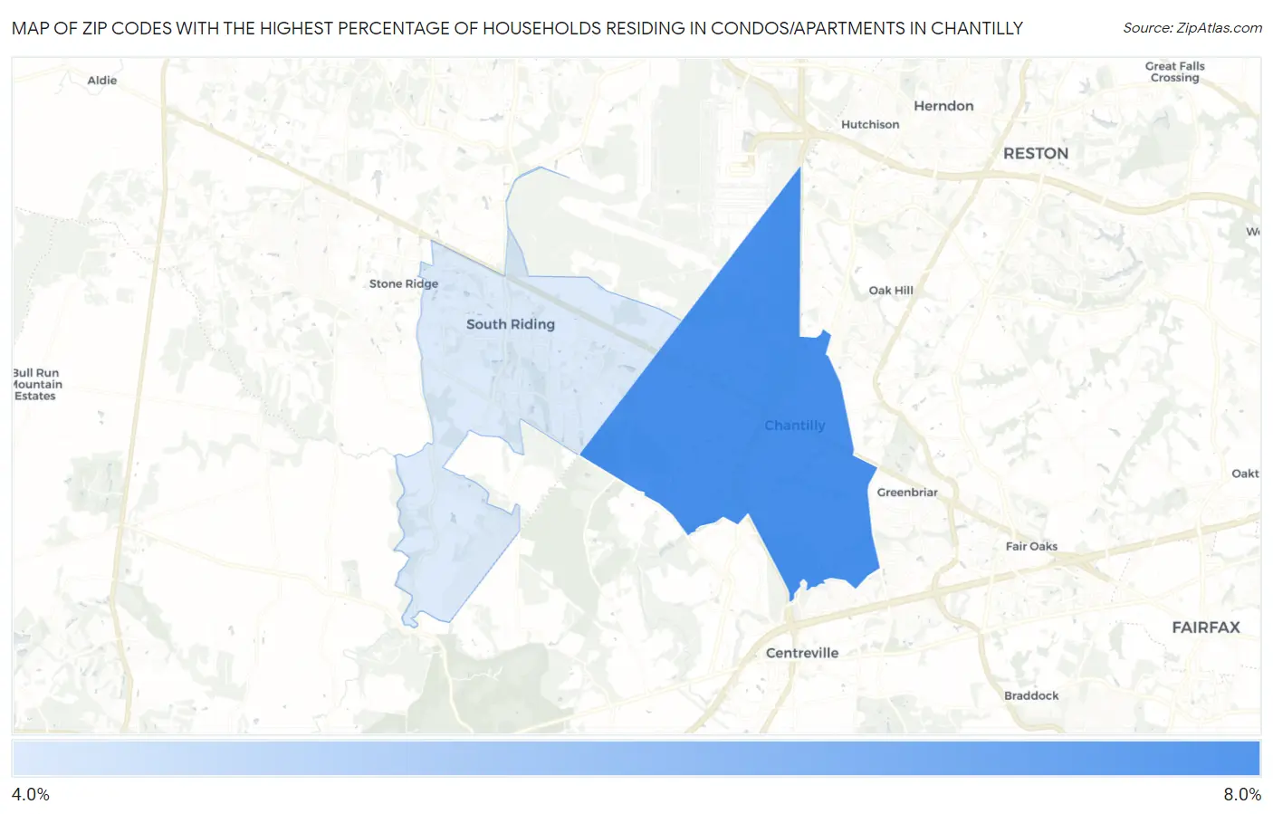 Zip Codes with the Highest Percentage of Households Residing in Condos/Apartments in Chantilly Map