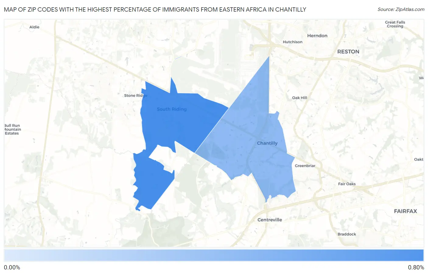 Zip Codes with the Highest Percentage of Immigrants from Eastern Africa in Chantilly Map