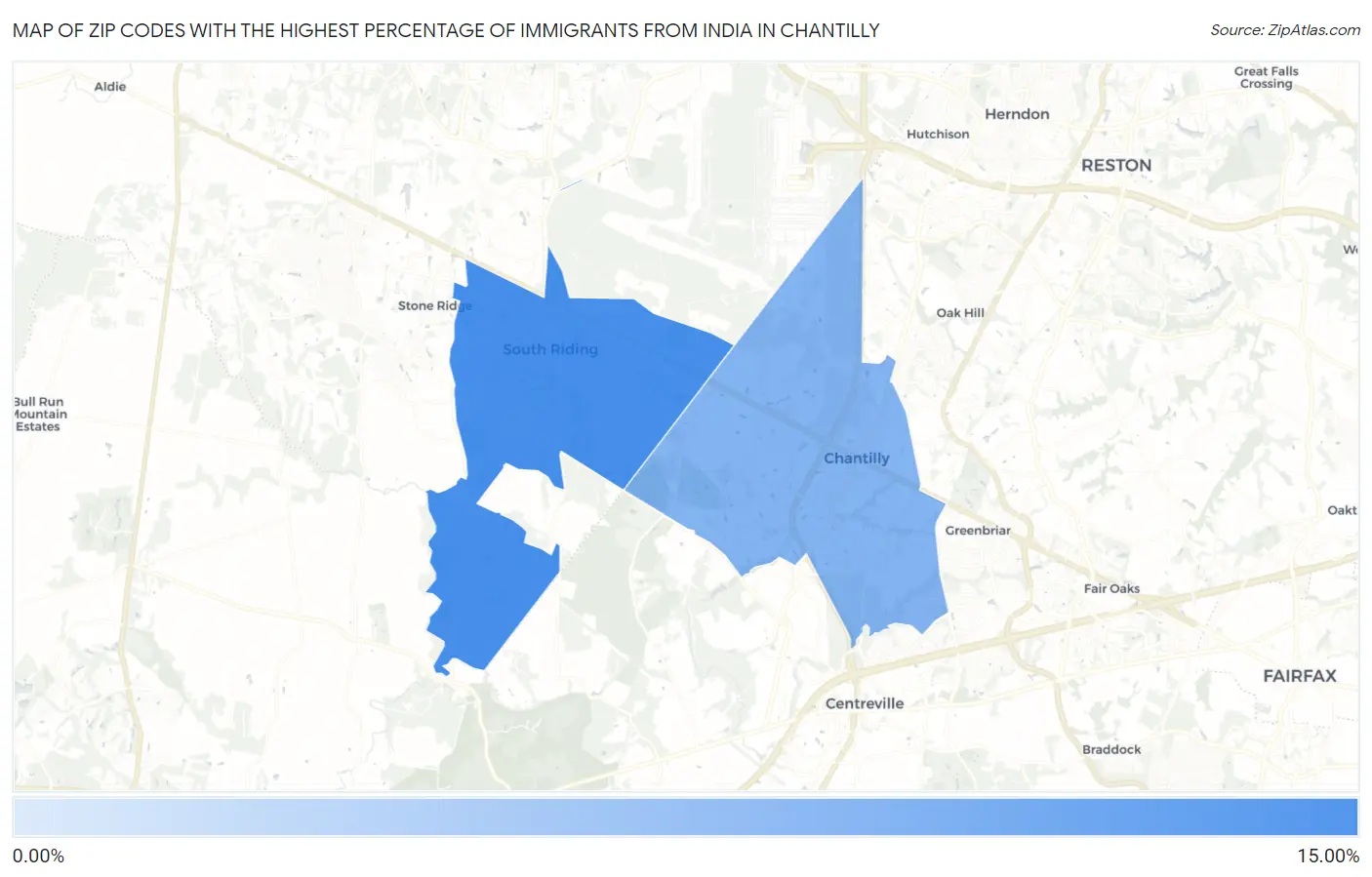 Zip Codes with the Highest Percentage of Immigrants from India in Chantilly Map