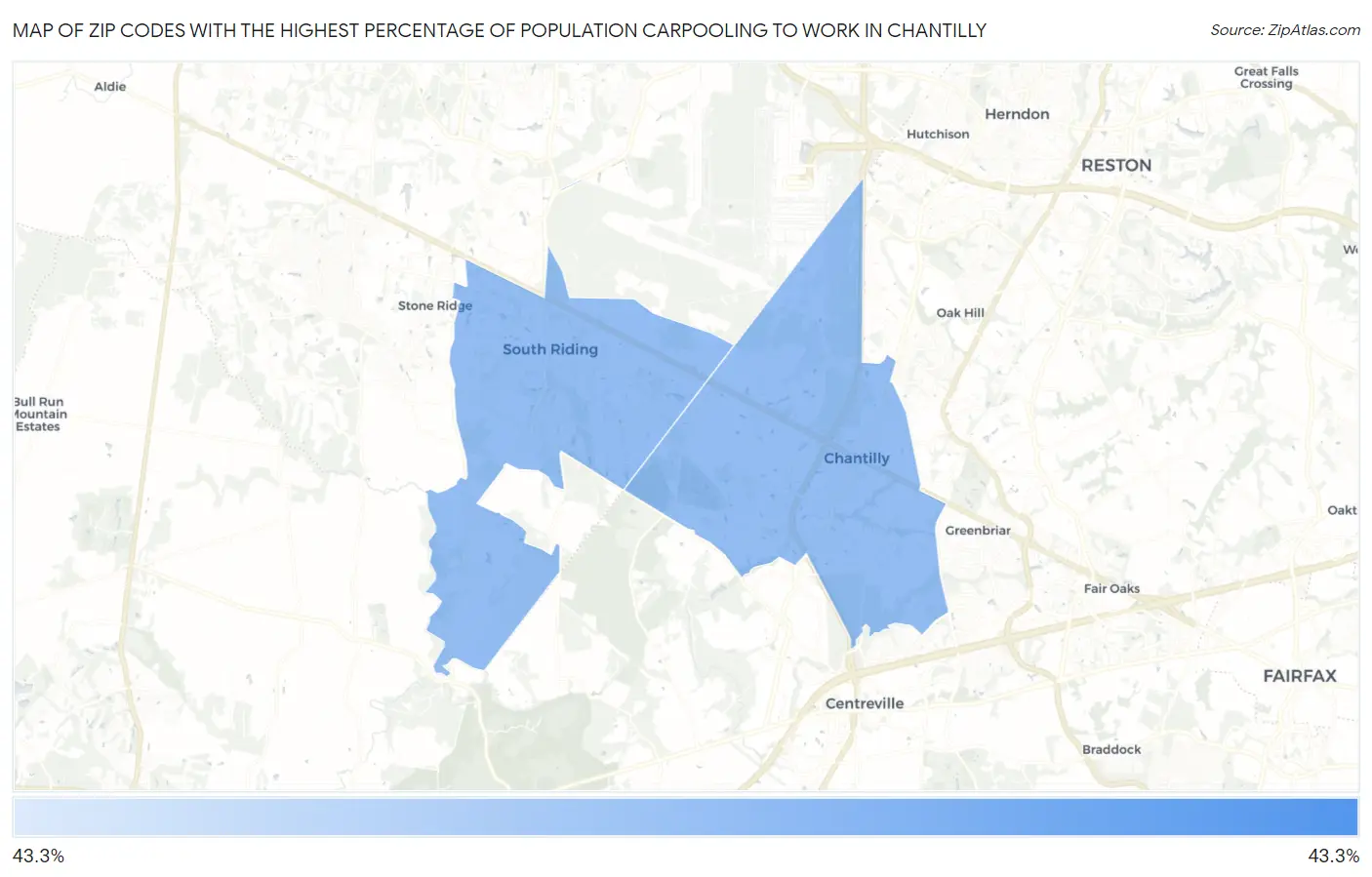 Zip Codes with the Highest Percentage of Population Carpooling to Work in Chantilly Map